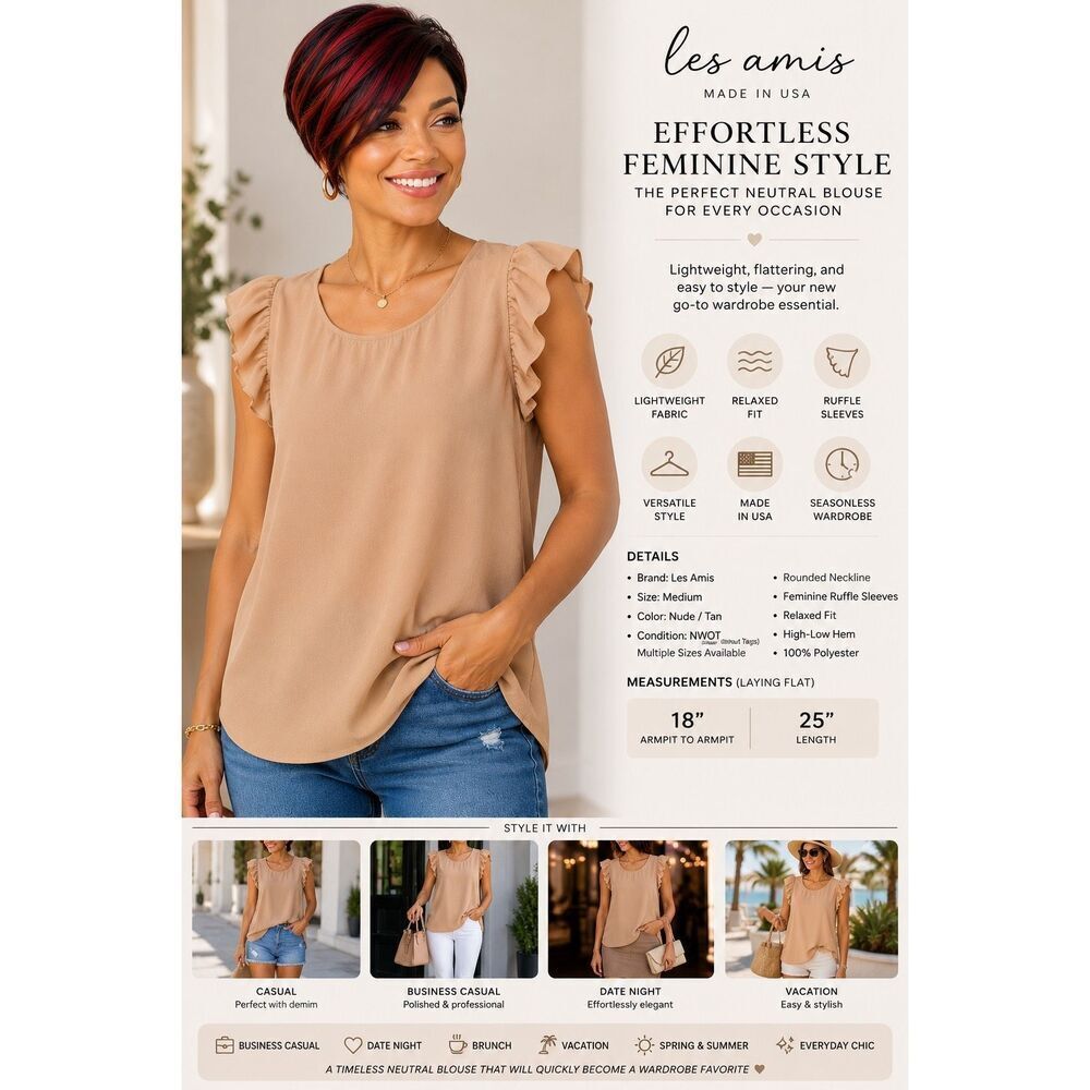 🤎 Les Amis Nude Tan Ruffle Sleeve Blouse | Medium | NWOT | Made in USA